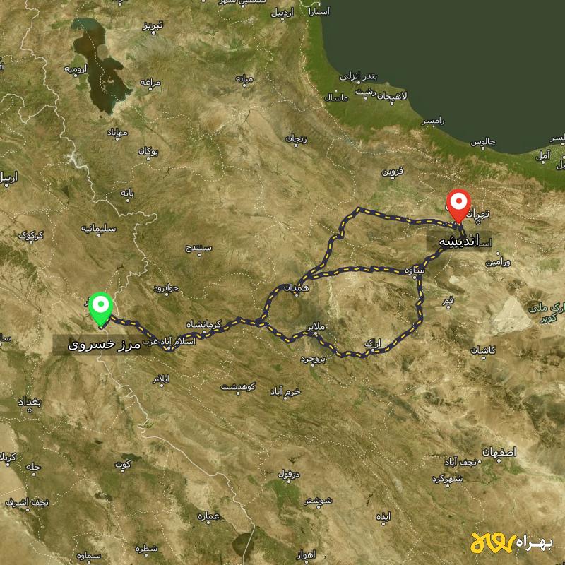مسافت و فاصله اندیشه تا مرز خسروی - کرمانشاه از ۳ مسیر - بهمن ۱۴۰۳