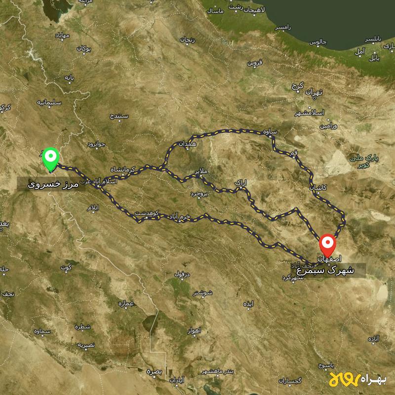 مسافت و فاصله شهرک سیمرغ - اصفهان تا مرز خسروی - کرمانشاه از ۳ مسیر - مرداد ۱۴۰۳