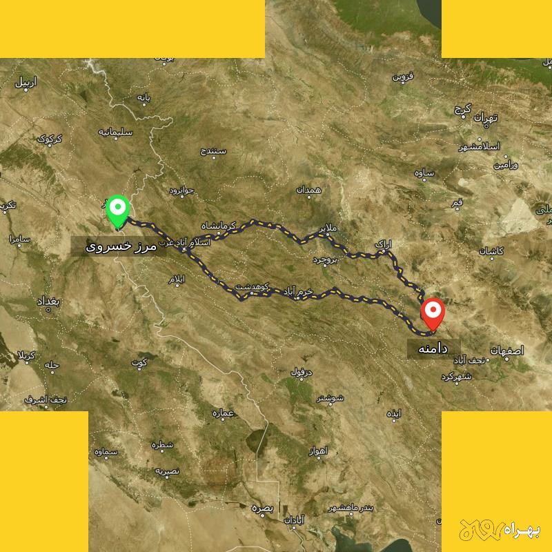 مسافت و فاصله دامنه - اصفهان تا مرز خسروی - کرمانشاه از ۲ مسیر - بهمن ۱۴۰۳