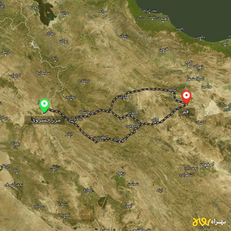 مسافت و فاصله قم تا مرز خسروی - کرمانشاه از ۳ مسیر - مرداد ۱۴۰۳