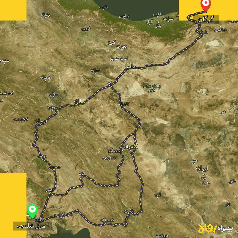 مسافت و فاصله گرگان تا مرز شلمچه - خوزستان از ۳ مسیر - مرداد ۱۴۰۳