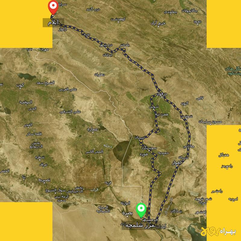 مسافت و فاصله ایلام تا مرز شلمچه - خوزستان از ۲ مسیر - مرداد ۱۴۰۳
