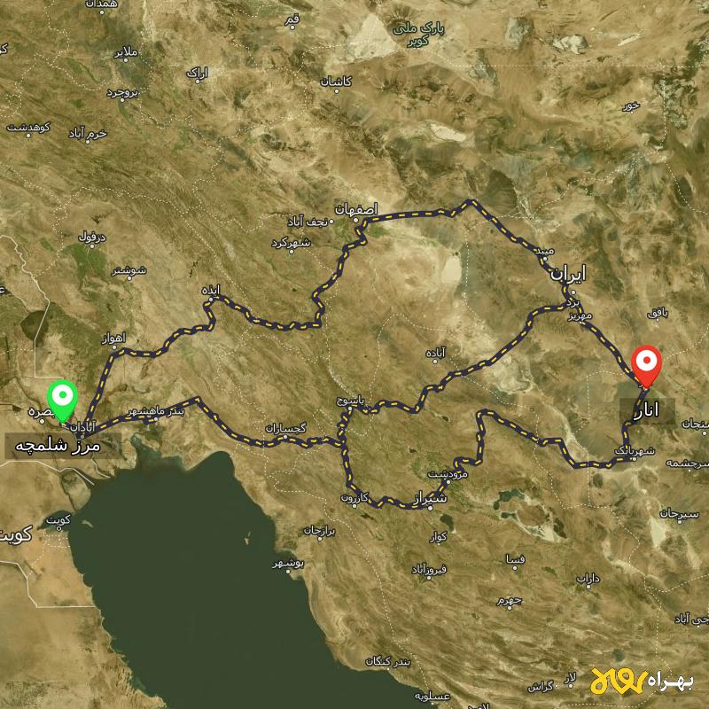 مسافت و فاصله انار - کرمان تا مرز شلمچه - خوزستان از ۳ مسیر - آذر ۱۴۰۳