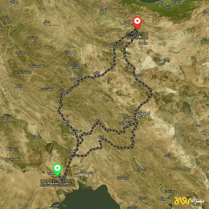مسافت و فاصله تهران تا مرز شلمچه - خوزستان از ۳ مسیر - مرداد ۱۴۰۳
