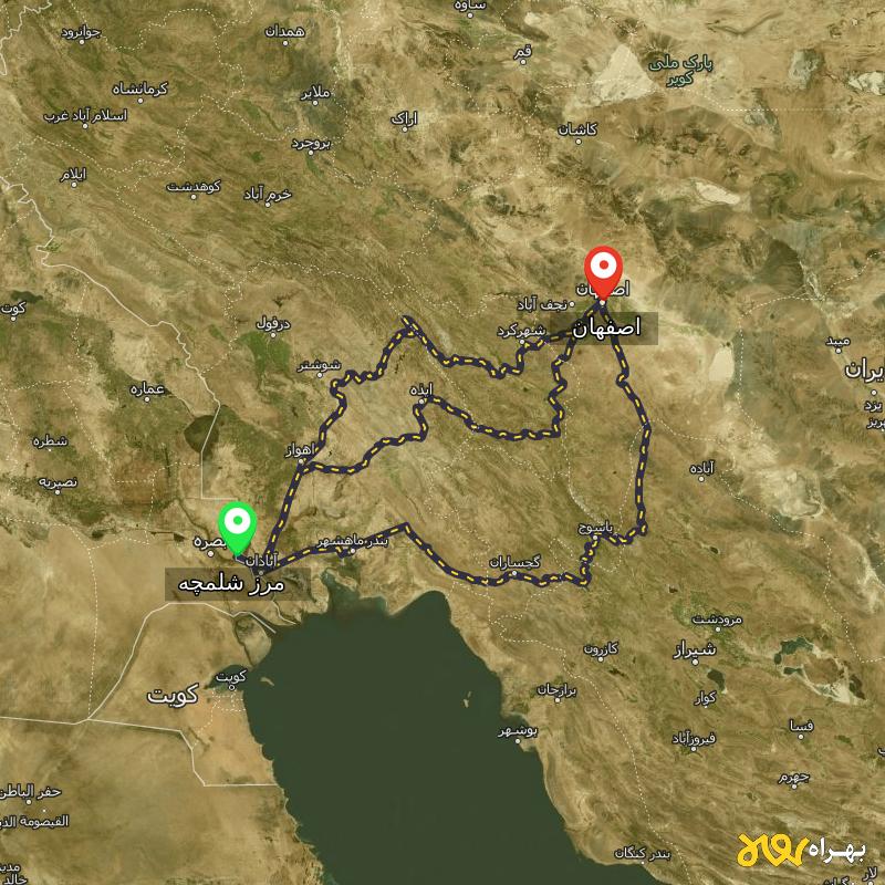 مسافت و فاصله اصفهان تا مرز شلمچه - خوزستان از ۳ مسیر - مرداد ۱۴۰۳