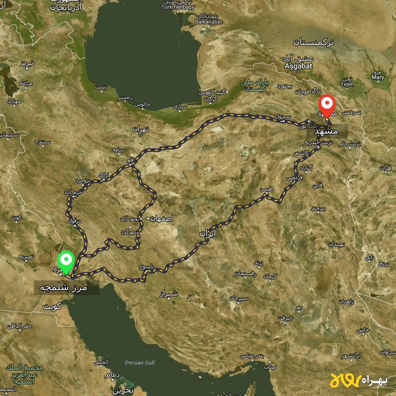 مسافت و فاصله مشهد تا مرز شلمچه - خوزستان از ۳ مسیر - مرداد ۱۴۰۳