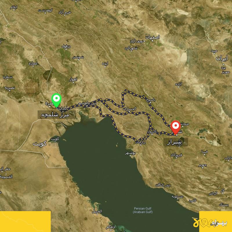 مسافت و فاصله شیراز تا مرز شلمچه - خوزستان از ۳ مسیر - مرداد ۱۴۰۳