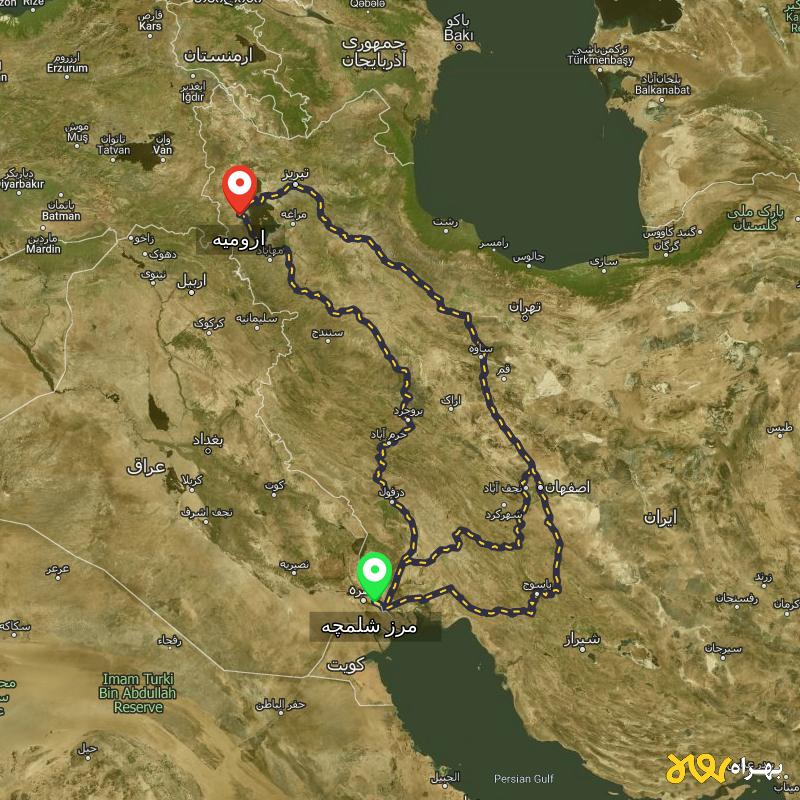 مسافت و فاصله ارومیه تا مرز شلمچه - خوزستان از ۳ مسیر - مهر ۱۴۰۳