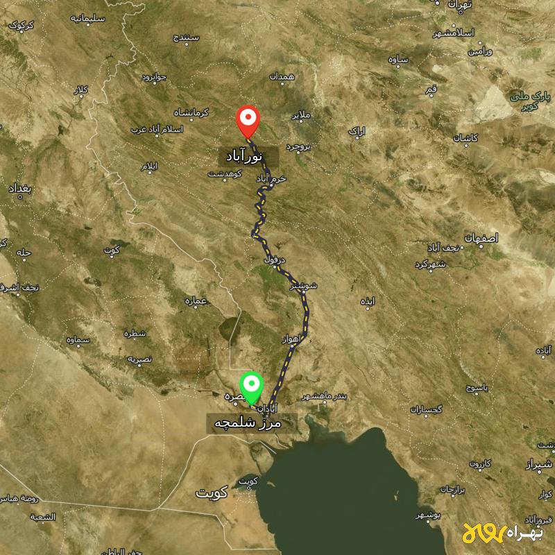 مسافت و فاصله نورآباد - لرستان تا مرز شلمچه - خوزستان - آذر ۱۴۰۳