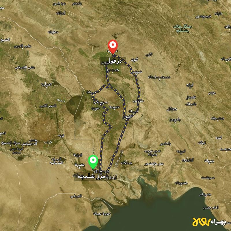 مسافت و فاصله دزفول تا مرز شلمچه - خوزستان از ۳ مسیر - دی ۱۴۰۳