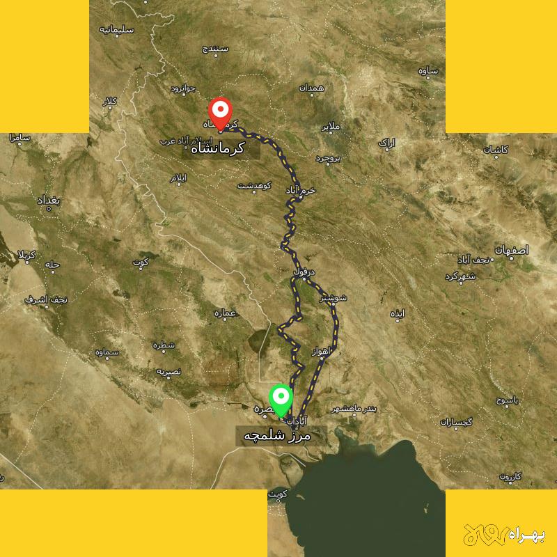 مسافت و فاصله کرمانشاه تا مرز شلمچه - خوزستان از ۲ مسیر - مرداد ۱۴۰۳