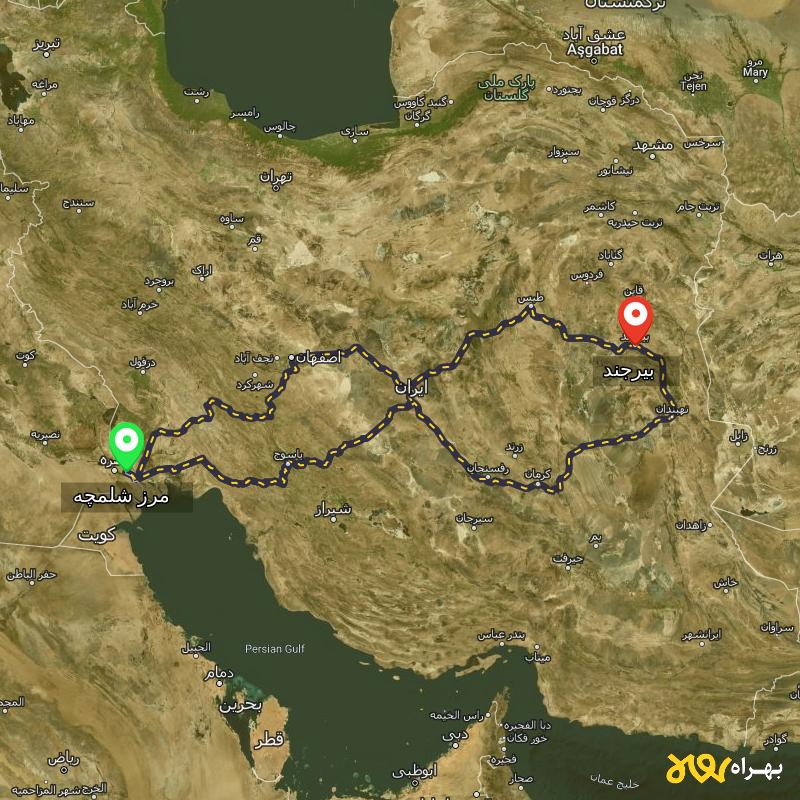 مسافت و فاصله بیرجند تا مرز شلمچه - خوزستان از ۳ مسیر - مرداد ۱۴۰۳
