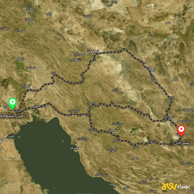 مسافت و فاصله سیرجان تا مرز شلمچه - خوزستان از ۳ مسیر - آذر ۱۴۰۳