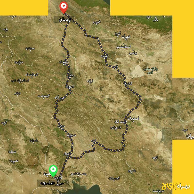 مسافت و فاصله زنجان تا مرز شلمچه - خوزستان از ۲ مسیر - مرداد ۱۴۰۳