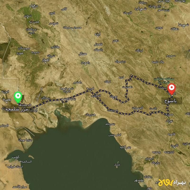 مسافت و فاصله یاسوج تا مرز شلمچه - خوزستان از ۲ مسیر - مرداد ۱۴۰۳