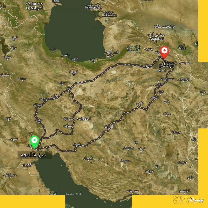 مسافت و فاصله رادکان - خراسان رضوی تا مرز شلمچه - خوزستان از ۳ مسیر - شهریور ۱۴۰۳