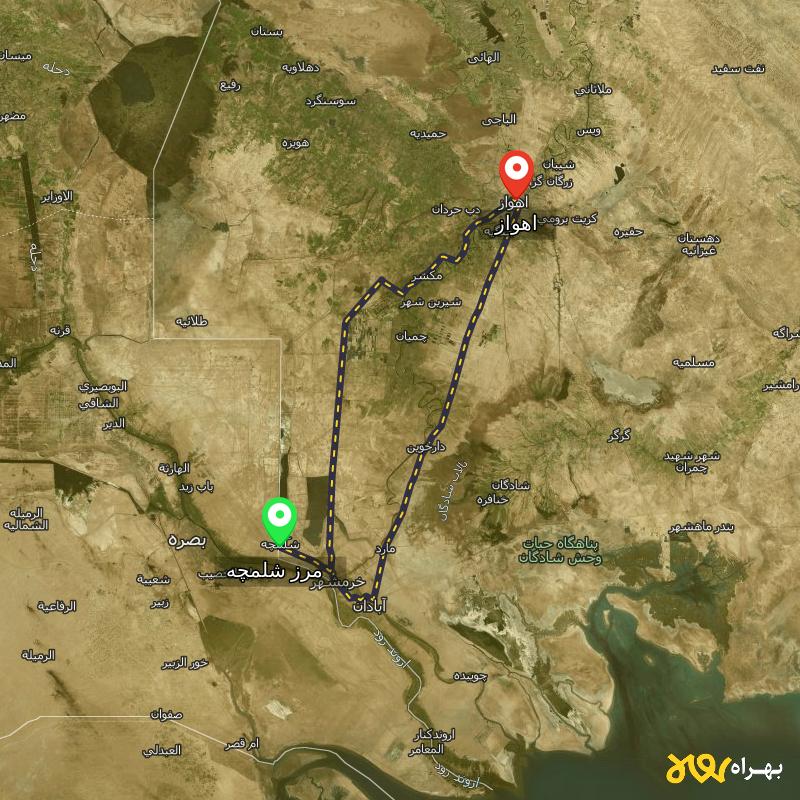 مسافت و فاصله اهواز تا مرز شلمچه - خوزستان از ۲ مسیر - اردیبهشت ۱۴۰۳