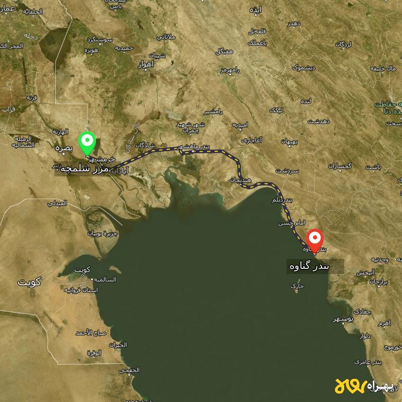 مسافت و فاصله بندر گناوه - بوشهر تا مرز شلمچه - خوزستان - آذر ۱۴۰۳
