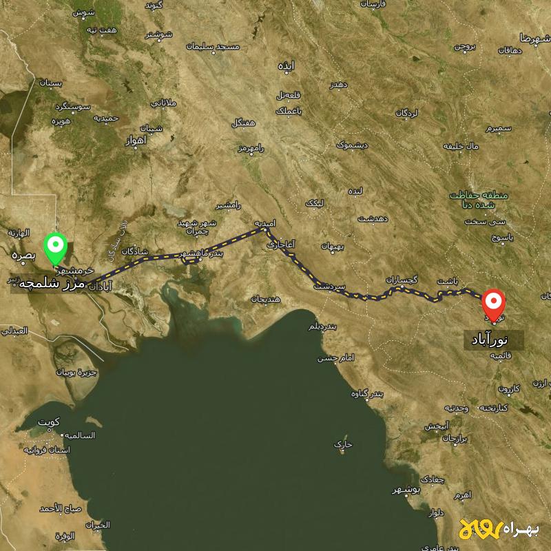 مسافت و فاصله نورآباد - نورآباد ممسنی تا مرز شلمچه - خوزستان - اردیبهشت ۱۴۰۳