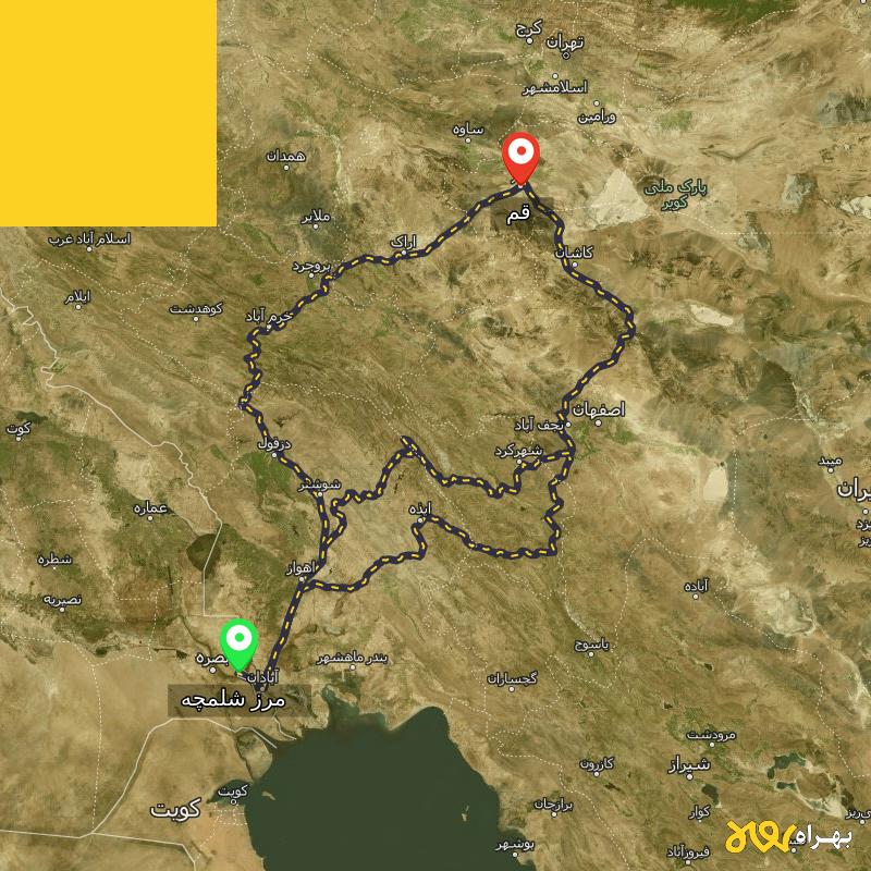 مسافت و فاصله قم تا مرز شلمچه - خوزستان از ۳ مسیر - مرداد ۱۴۰۳