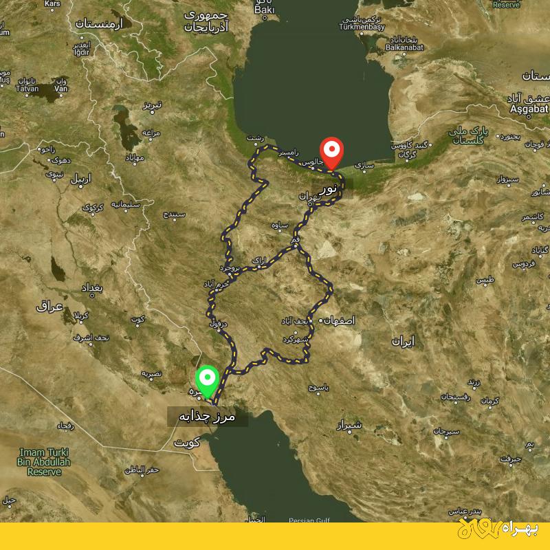 مسافت و فاصله نور - مازندران تا مرز چذابه - استان خوزستان از ۳ مسیر - اردیبهشت ۱۴۰۳
