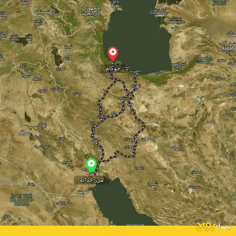 مسافت و فاصله چوکام - گیلان تا مرز چذابه - استان خوزستان از ۳ مسیر - اردیبهشت ۱۴۰۳