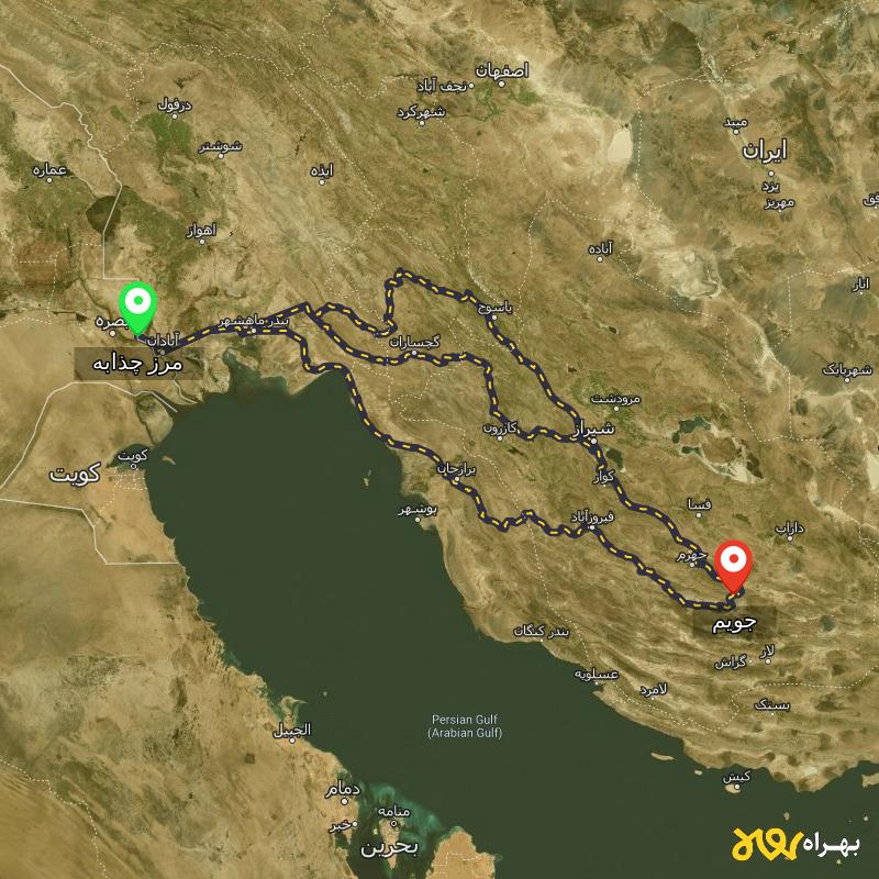 مسافت و فاصله جویم - فارس تا مرز چذابه - استان خوزستان از ۳ مسیر - اردیبهشت ۱۴۰۳