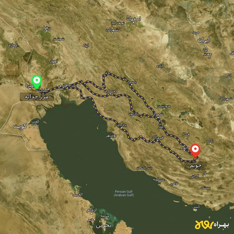 مسافت و فاصله جویم - فارس تا مرز چذابه - استان خوزستان از ۳ مسیر - آبان ۱۴۰۳