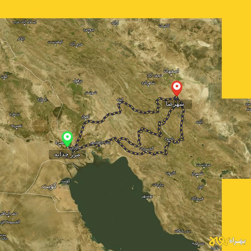مسافت و فاصله شهرضا - اصفهان تا مرز چذابه - استان خوزستان از ۳ مسیر - اردیبهشت ۱۴۰۳