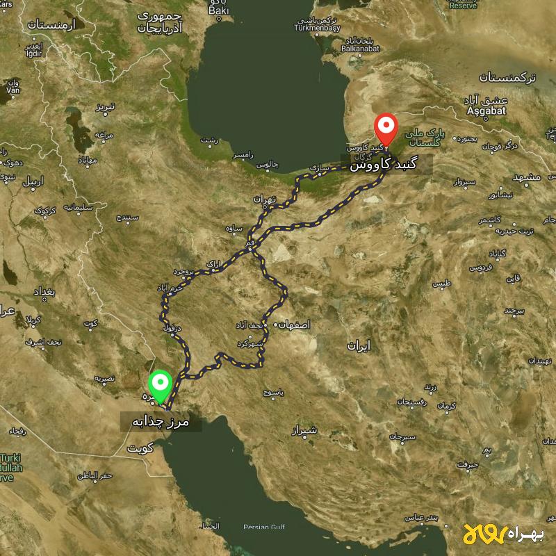 مسافت و فاصله گنبد کاووس - گلستان تا مرز چذابه - استان خوزستان از ۳ مسیر - اردیبهشت ۱۴۰۳
