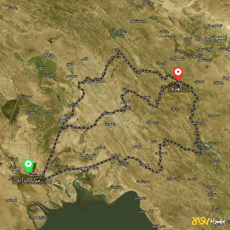 مسافت و فاصله گهرو - چهارمحال و بختیاری تا مرز چذابه - استان خوزستان از ۳ مسیر - اردیبهشت ۱۴۰۳