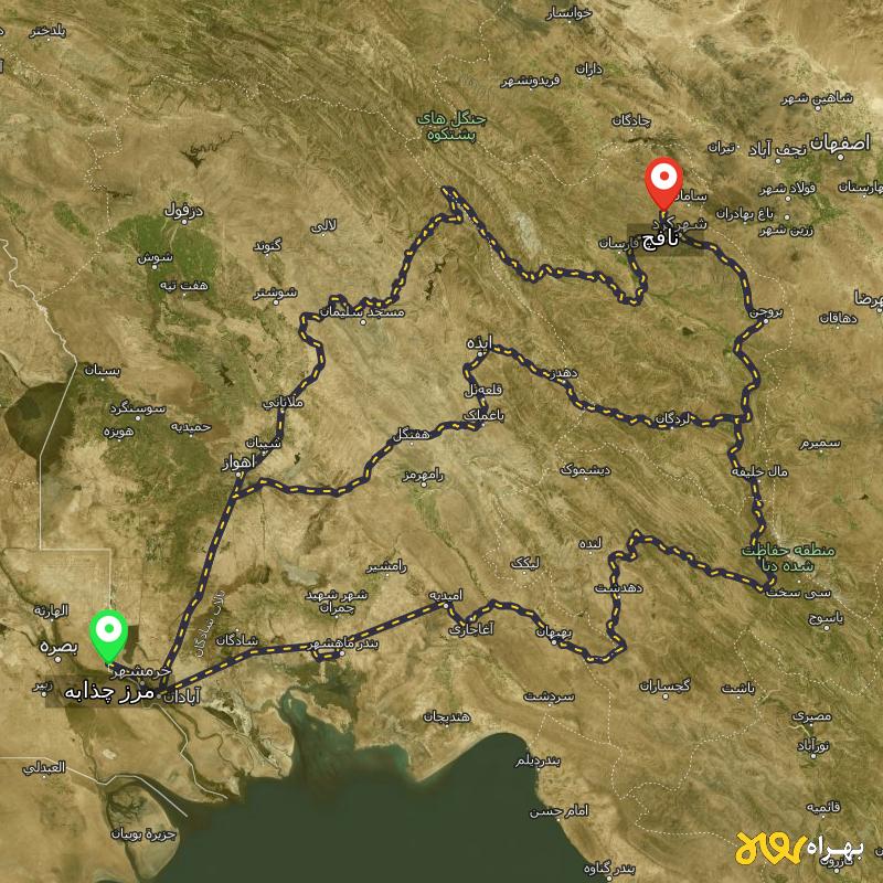 مسافت و فاصله نافچ - چهارمحال و بختیاری تا مرز چذابه - استان خوزستان از ۳ مسیر - شهریور ۱۴۰۳