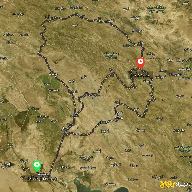 مسافت و فاصله سودجان - چهارمحال و بختیاری تا مرز چذابه - استان خوزستان از ۳ مسیر - اردیبهشت ۱۴۰۳