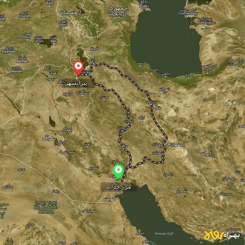 مسافت و فاصله پیرانشهر - آذربایجان غربی تا مرز چذابه - استان خوزستان از ۲ مسیر - اردیبهشت ۱۴۰۳