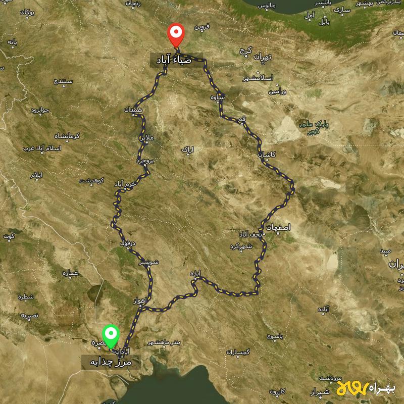 مسافت و فاصله ضیاء آباد - قزوین تا مرز چذابه - استان خوزستان از ۲ مسیر - آذر ۱۴۰۳
