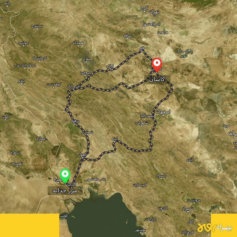 مسافت و فاصله کاشان تا مرز چذابه - استان خوزستان از ۳ مسیر - اردیبهشت ۱۴۰۳