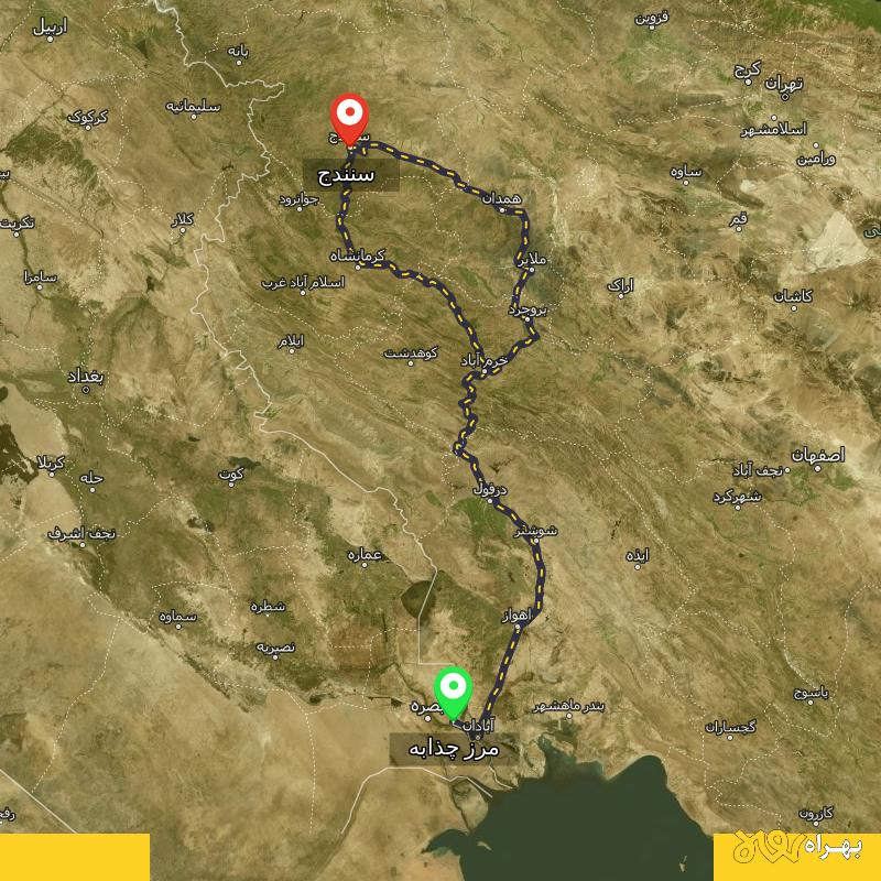 مسافت و فاصله سنندج تا مرز چذابه - استان خوزستان از ۲ مسیر - مرداد ۱۴۰۳