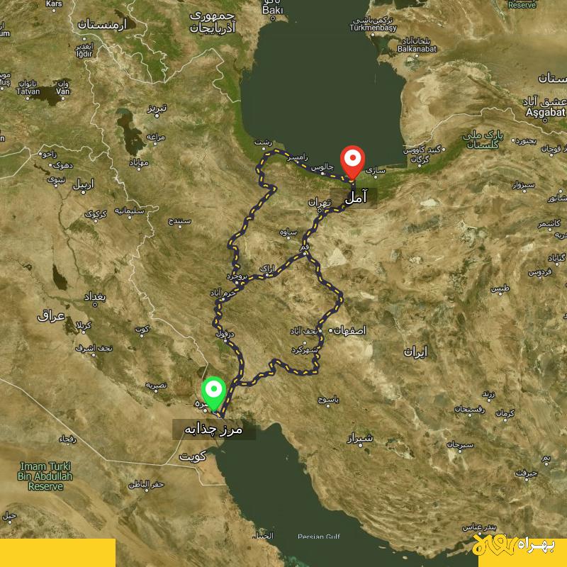 مسافت و فاصله آمل تا مرز چذابه - استان خوزستان از ۳ مسیر - اردیبهشت ۱۴۰۳