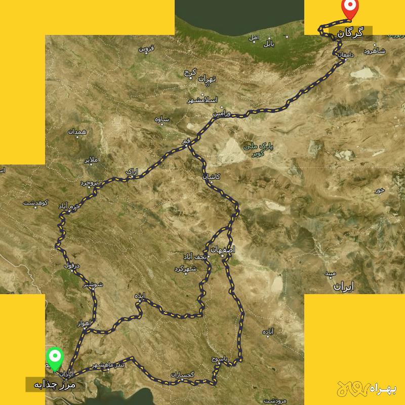 مسافت و فاصله گرگان تا مرز چذابه - استان خوزستان از ۳ مسیر - مرداد ۱۴۰۳