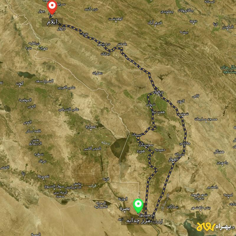 مسافت و فاصله ایلام تا مرز چذابه - استان خوزستان از ۲ مسیر - مرداد ۱۴۰۳