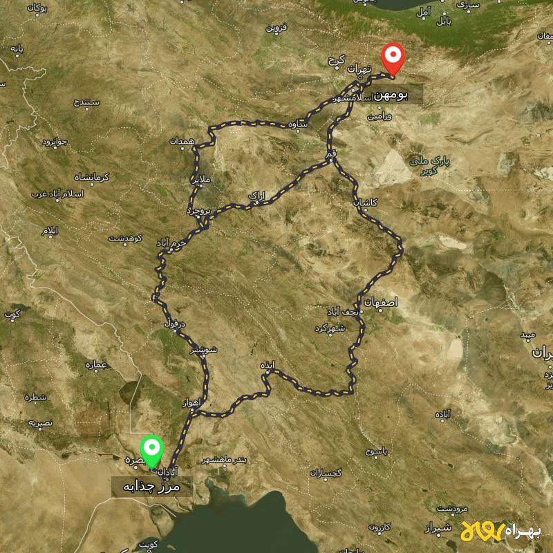 مسافت و فاصله بومهن - تهران تا مرز چذابه - استان خوزستان از ۳ مسیر - اردیبهشت ۱۴۰۳