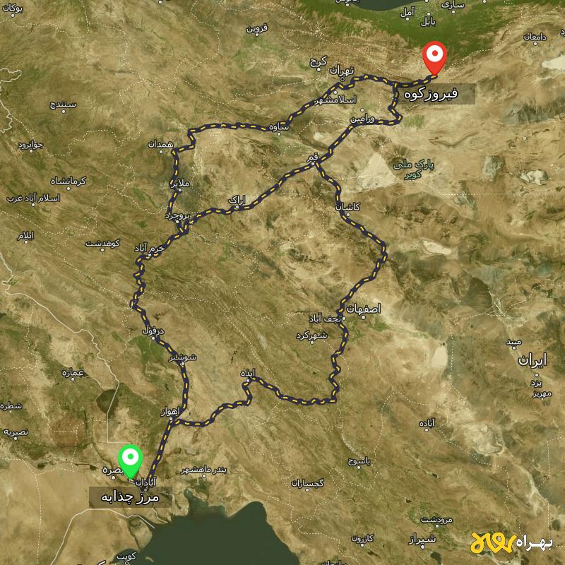 مسافت و فاصله فیروزکوه - تهران تا مرز چذابه - استان خوزستان از ۳ مسیر - آبان ۱۴۰۳