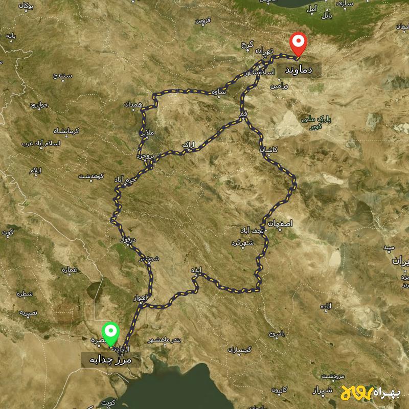 مسافت و فاصله دماوند - تهران تا مرز چذابه - استان خوزستان از ۳ مسیر - آذر ۱۴۰۳