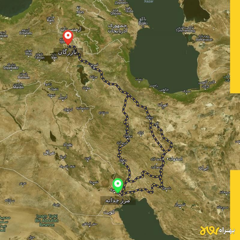 مسافت و فاصله بازرگان - آذربایجان غربی تا مرز چذابه - استان خوزستان از ۳ مسیر - مرداد ۱۴۰۳