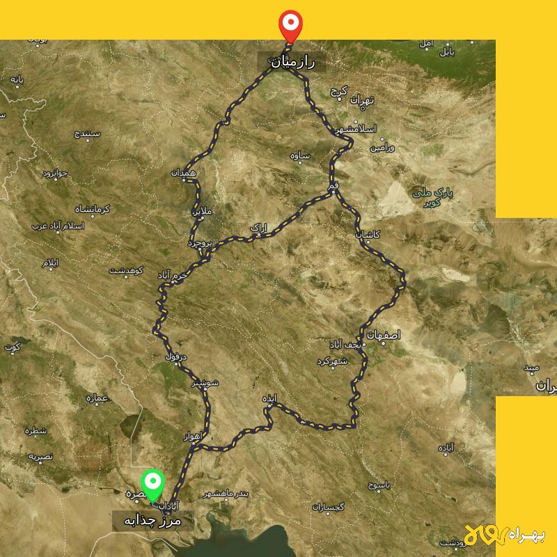 مسافت و فاصله رازمیان - قزوین تا مرز چذابه - استان خوزستان از ۳ مسیر - آذر ۱۴۰۳