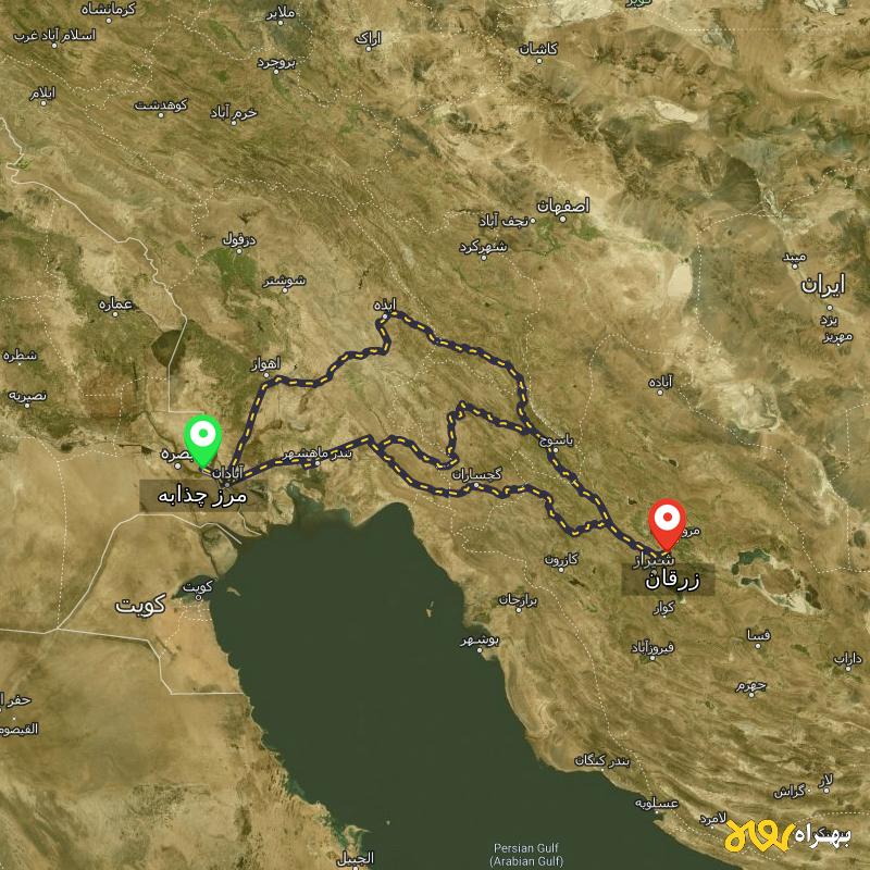 مسافت و فاصله زرقان - فارس تا مرز چذابه - استان خوزستان از ۳ مسیر - اردیبهشت ۱۴۰۳