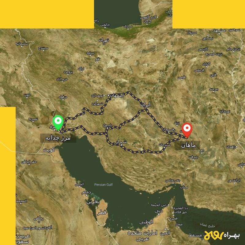 مسافت و فاصله ماهان - کرمان تا مرز چذابه - استان خوزستان از ۳ مسیر - اردیبهشت ۱۴۰۳