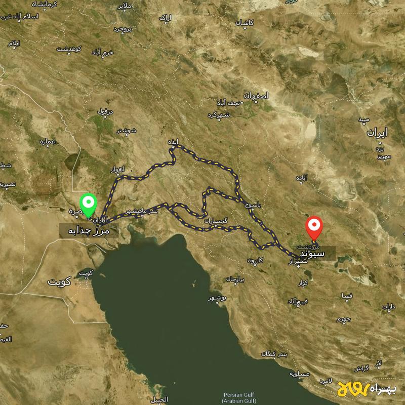 مسافت و فاصله سیوند - فارس تا مرز چذابه - استان خوزستان از ۳ مسیر - اردیبهشت ۱۴۰۳
