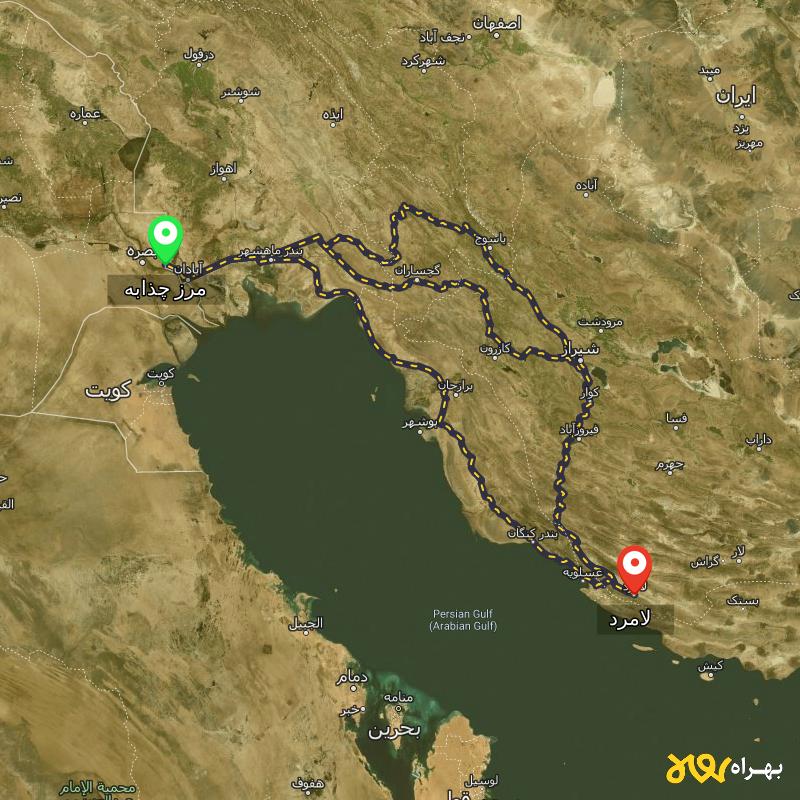 مسافت و فاصله لامرد - فارس تا مرز چذابه - استان خوزستان از ۳ مسیر - اردیبهشت ۱۴۰۳