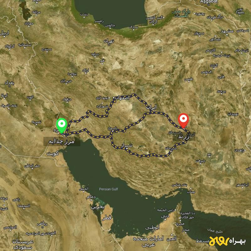 مسافت و فاصله زرند - کرمان تا مرز چذابه - استان خوزستان از ۳ مسیر - مرداد ۱۴۰۳